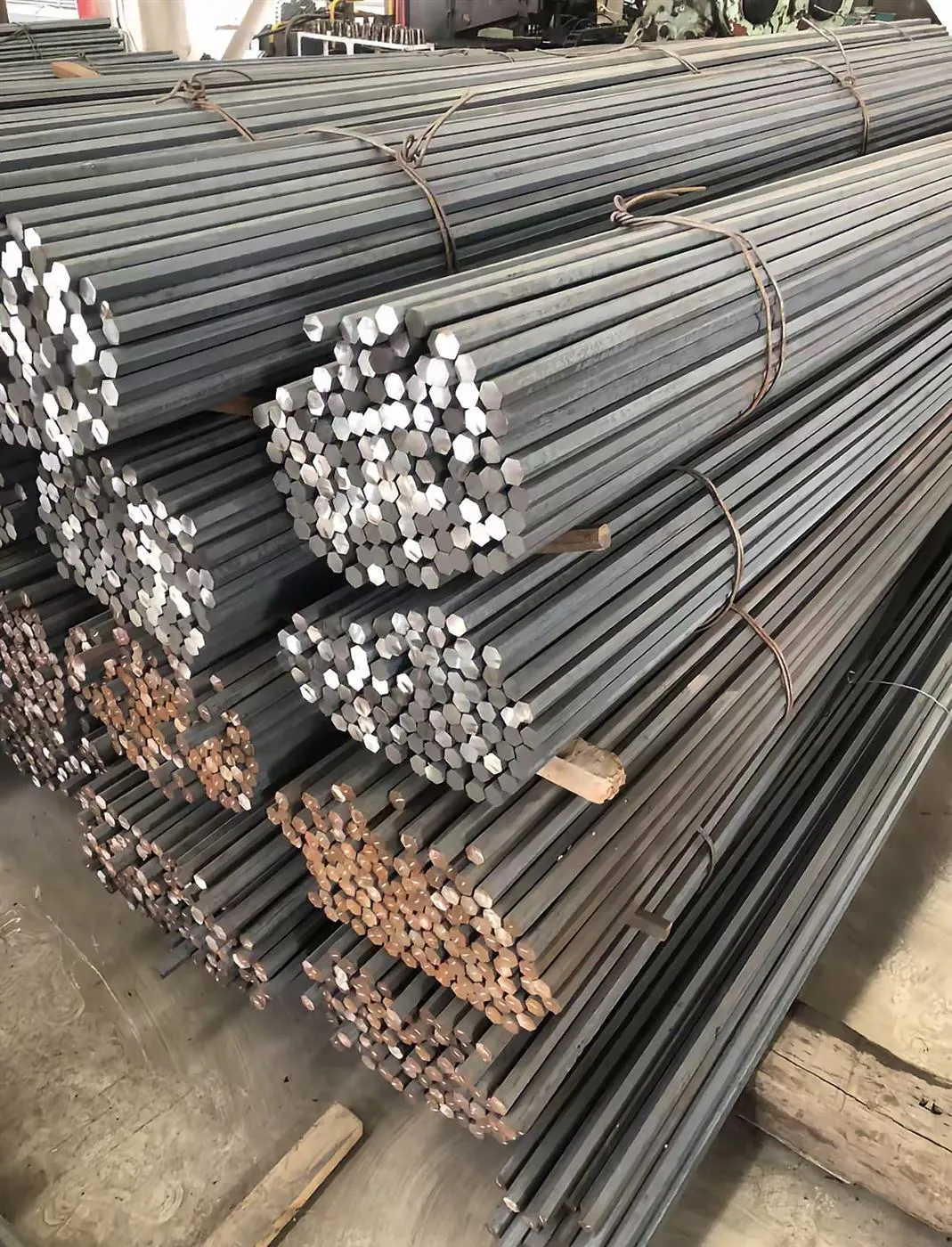 Cold drawn hexagonal steel bar bundles in factory stock